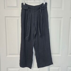 Nicole Miller New York Womens Black 100% Linen Wide Leg Tie Waist Pants Small
